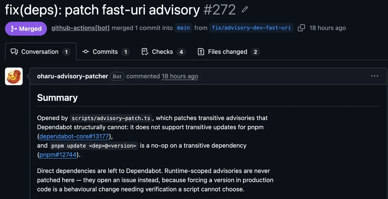 Pull request 272 titled fix(deps): patch fast-uri advisory, marked Merged, merged by github-actions bot into main from the branch fix/advisory-dev-fast-uri, with the comment authored by oharu-advisory-patcher carrying a Bot label