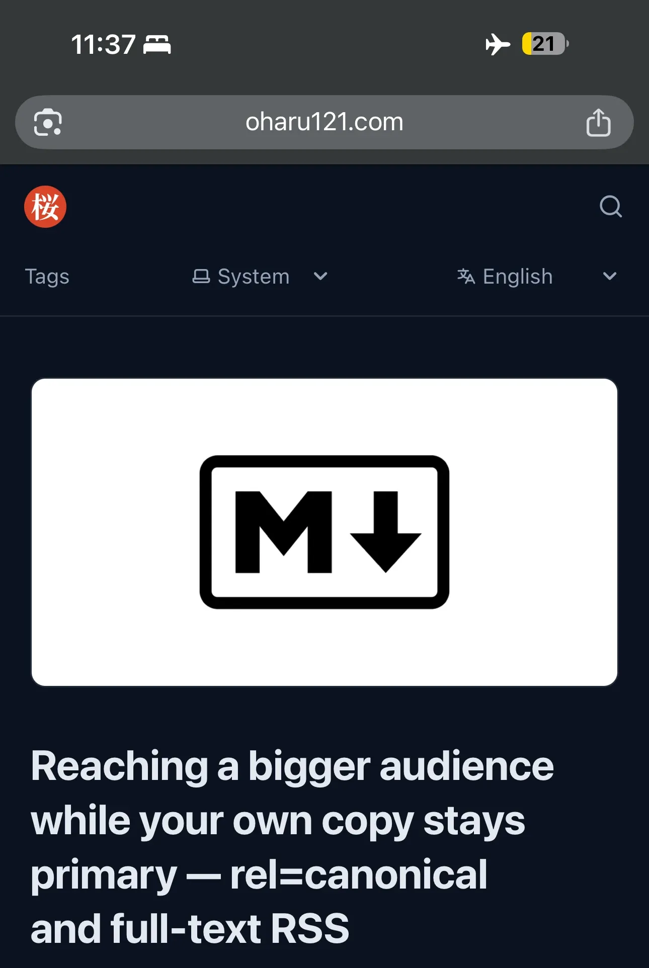 The same iPhone still in airplane mode, showing a previously read article rendered in full with its thumbnail image and title