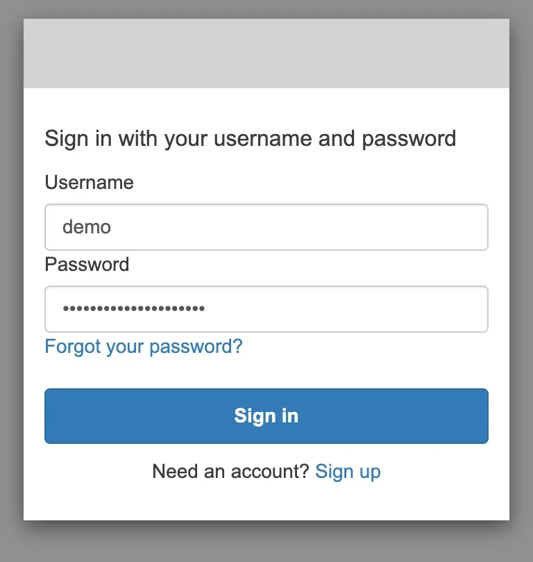 The Amazon Cognito Hosted UI sign-in form with username and password fields