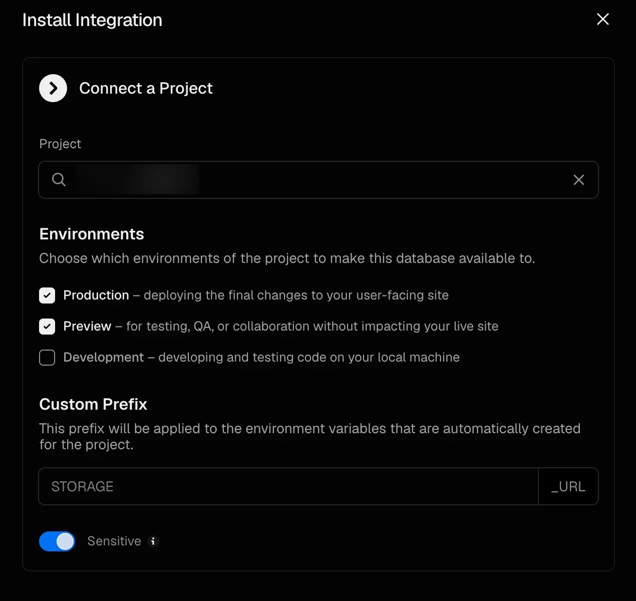 The Install Integration panel in Vercel. Under Environments, Production and Preview are checked and Development is unchecked. A Custom Prefix field shows the placeholder STORAGE with a _URL suffix. A Sensitive toggle is switched on.