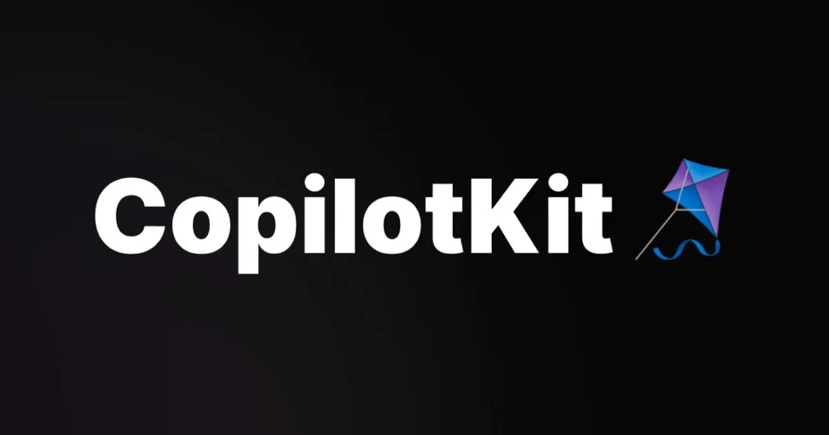 The CopilotKit wordmark in white beside a blue and purple kite with a wavy blue tail, on a black card