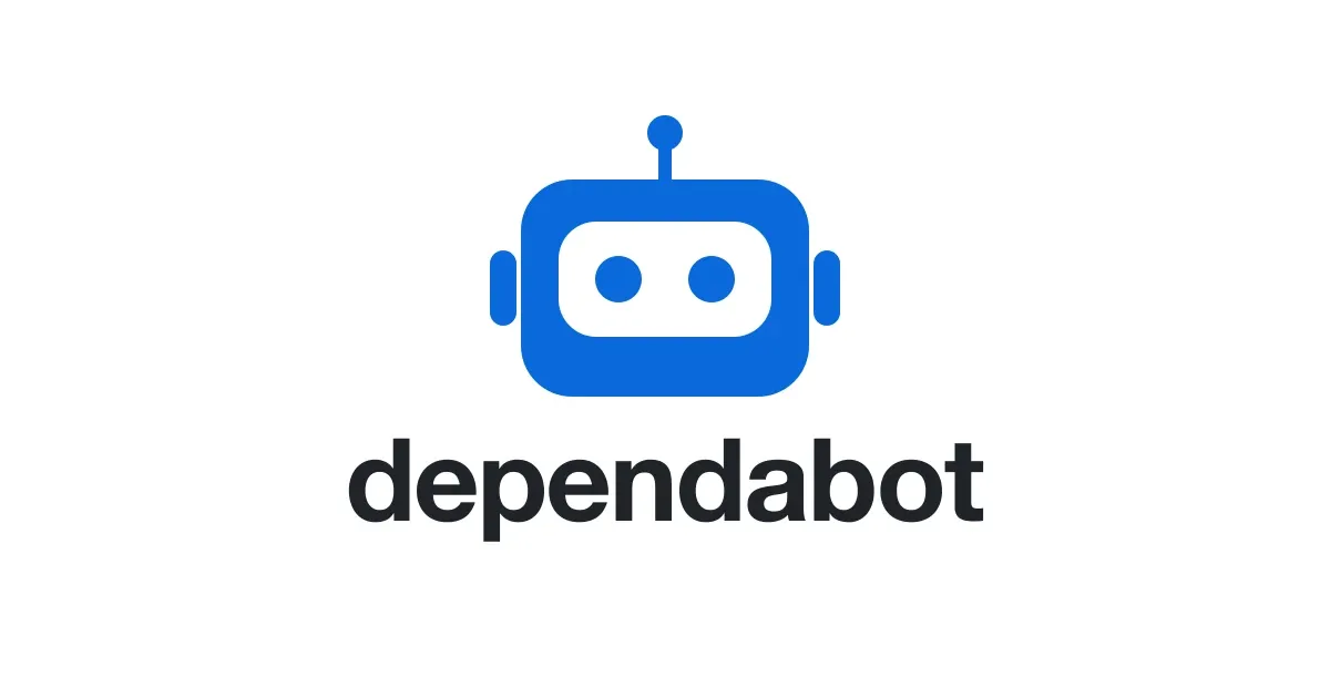 A blue robot head with a white visor, two round eyes, a short antenna and square ears, above the lowercase dependabot wordmark in near-black on a white card