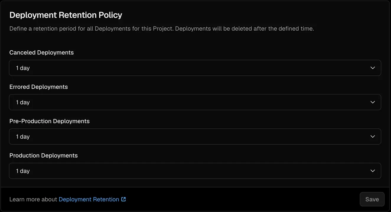 Vercel's Deployment Retention Policy panel with four dropdowns, each reading "1 day": Canceled Deployments, Errored Deployments, Pre-Production Deployments, and Production Deployments
