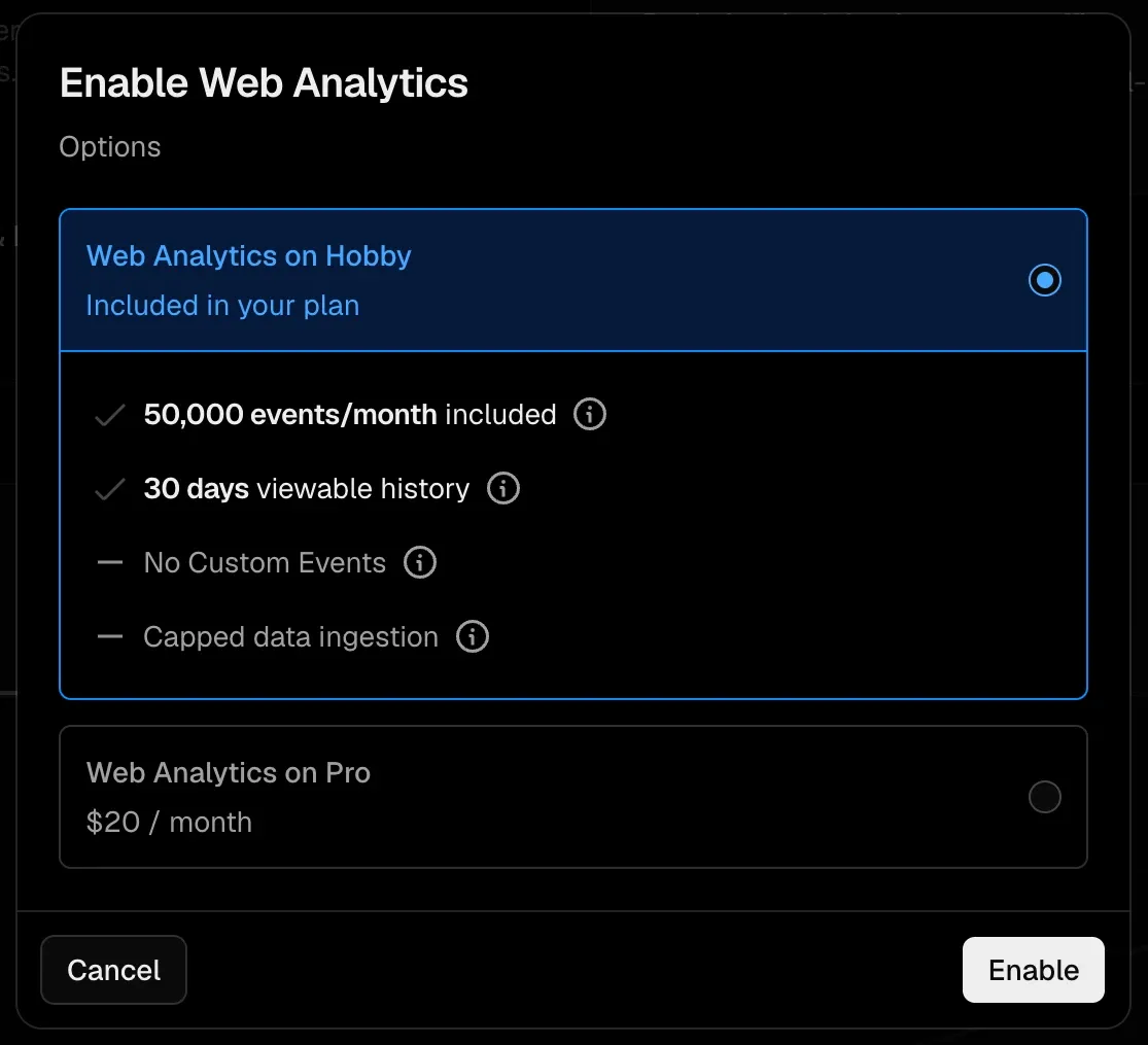 Vercel’s Enable Web Analytics dialog, with the Hobby option selected: 50,000 events per month included, 30 days viewable history, no custom events, and capped data ingestion. A Pro option below it is priced at 20 US dollars per month.
