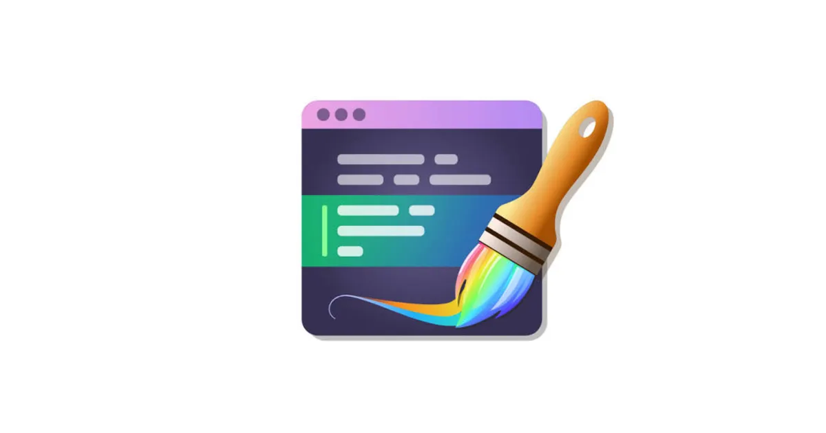 A dark code window with a violet titlebar on white, its lines of code drawn as grey and green bars with one band highlighted, and a paintbrush with rainbow bristles sweeping across the lower half