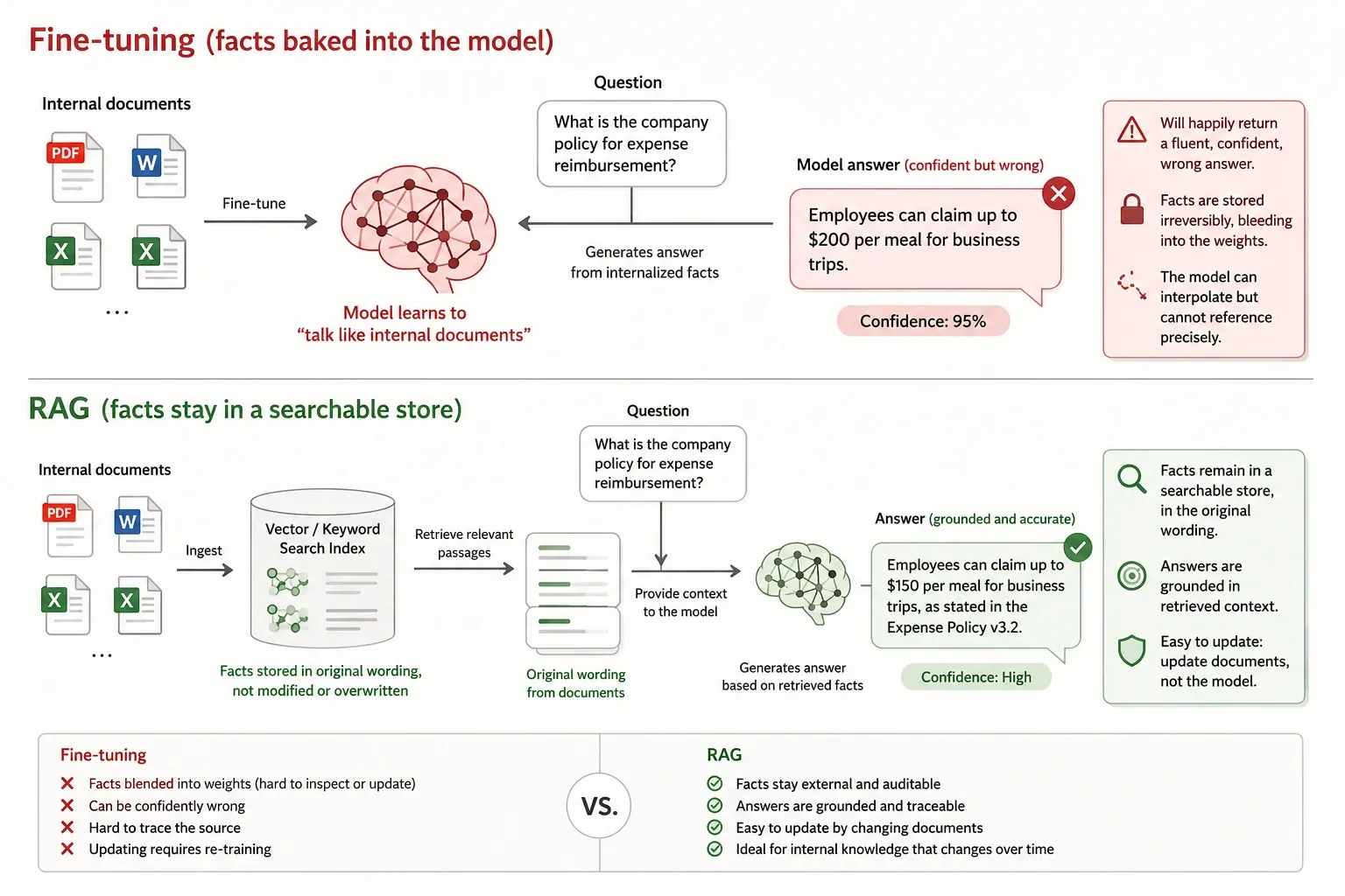 Fine-tuning bakes internal documents into the weights and answers an expense policy question with a confident but wrong figure of $200 per meal, while RAG keeps the same documents in a searchable index and answers $150 with a citation to Expense Policy v3.2