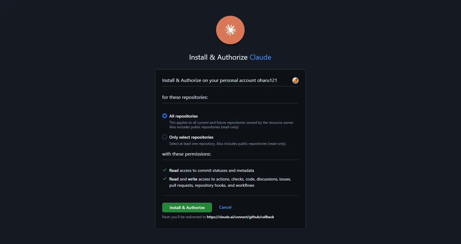 The GitHub “Install & Authorize Claude” screen, showing radio buttons for All repositories versus Only select repositories, with All repositories chosen