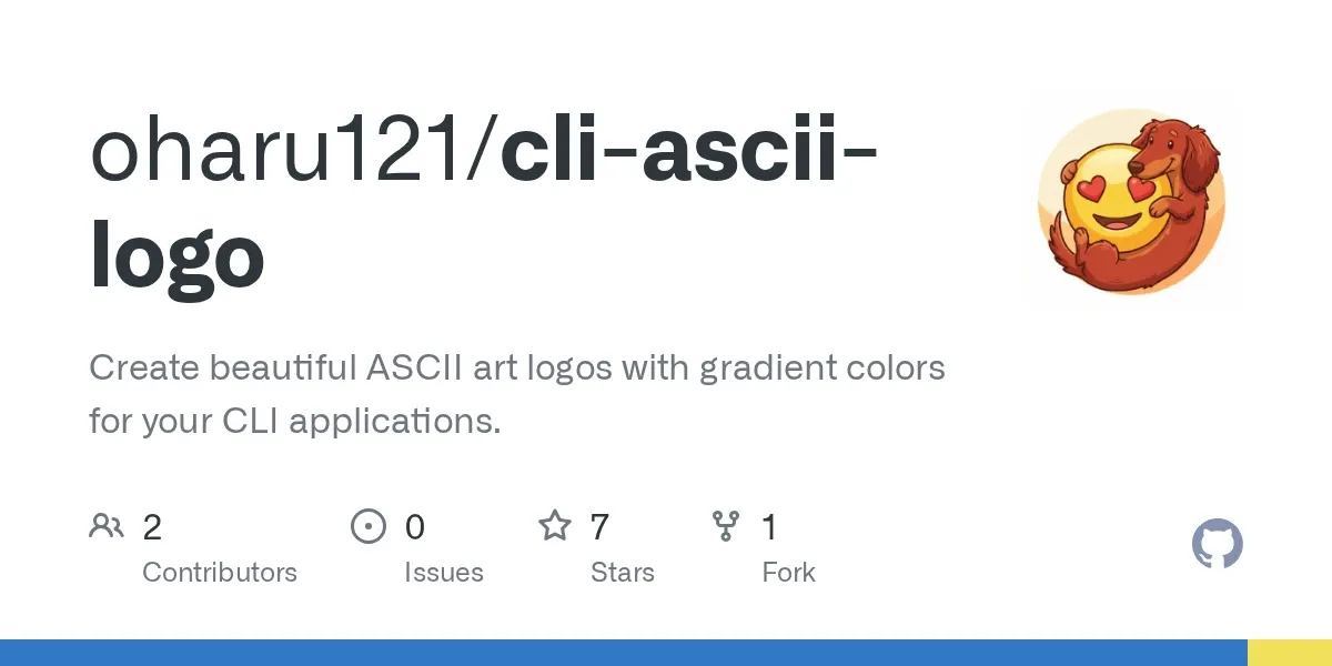 GitHub's card for the repository oharu121/cli-ascii-logo: the repository name in large type, its description, the owner's avatar, and counts for contributors, issues, stars and forks