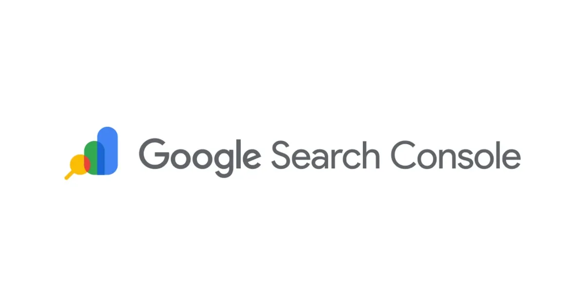 The Google Search Console logo, a yellow magnifying glass overlapping red, green and blue rounded bars of rising height, beside the Google Search Console wordmark in grey on a white card