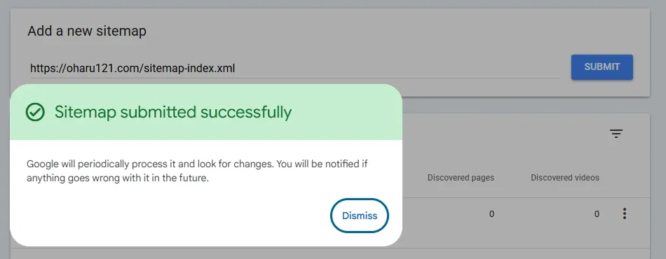 The Google Search Console sitemaps page for oharu121.com showing a green Sitemap submitted successfully confirmation for https://oharu121.com/sitemap-index.xml