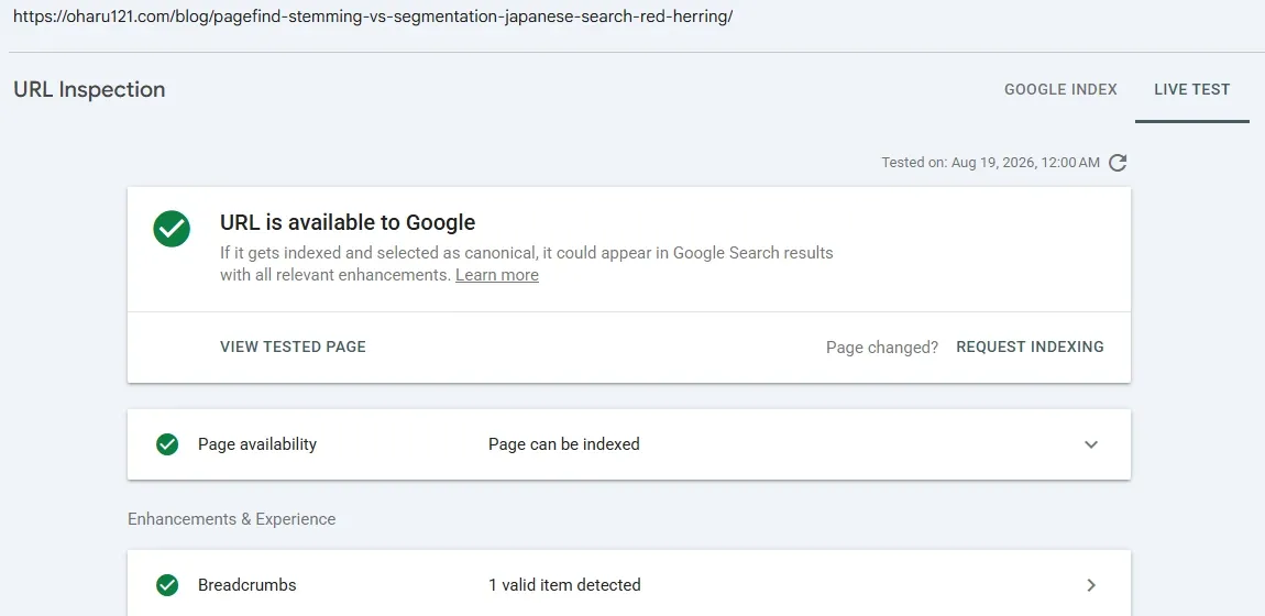 Google Search Console URL inspection for a published article, showing URL is available to Google, Page availability Page can be indexed, and under Enhancements and Experience a Breadcrumbs row reading 1 valid item detected
