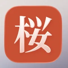 The installed icon on an iPhone home screen: a vermilion rounded square with a white cherry-blossom character, its corners filled rather than transparent