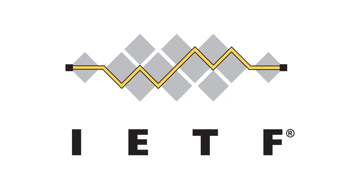 The IETF logo, a yellow signal line zigzagging over grey diamonds above the IETF wordmark in black on a white card