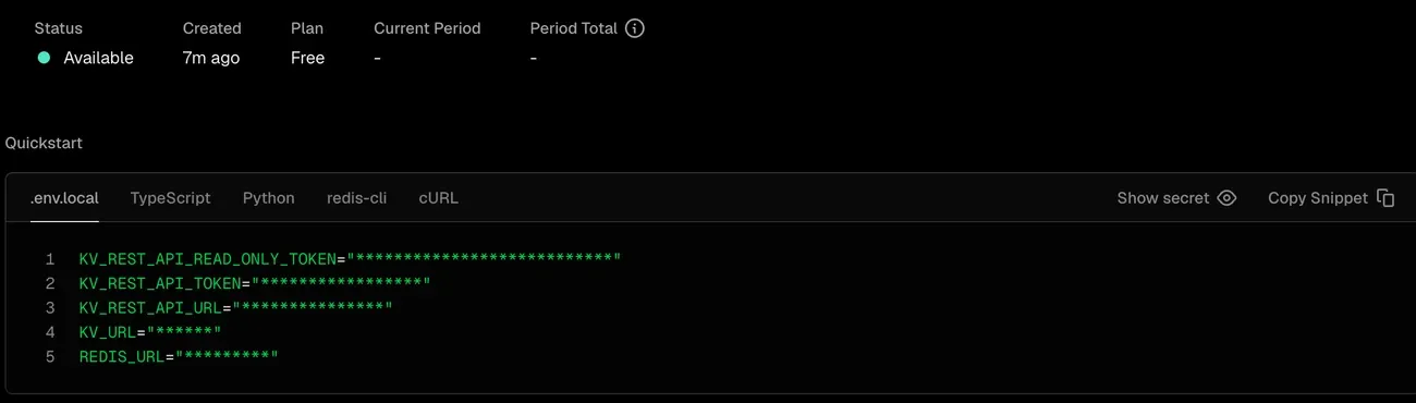 The provisioned Upstash database in Vercel. Status reads Available, Plan reads Free. A Quickstart panel on the .env.local tab lists five variables: KV_REST_API_READ_ONLY_TOKEN, KV_REST_API_TOKEN, KV_REST_API_URL, KV_URL, and REDIS_URL, all with their values masked.