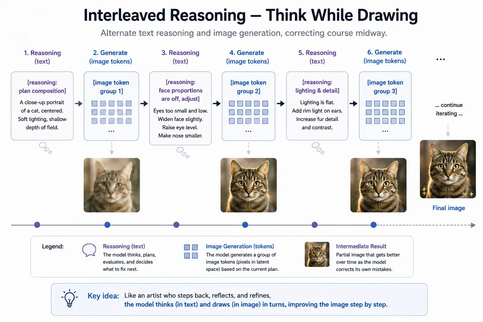 Six alternating steps: text reasoning plans the composition, image tokens are generated, reasoning notices the face proportions are off, more tokens are generated, reasoning adjusts the lighting, and the cat portrait improves at each pass