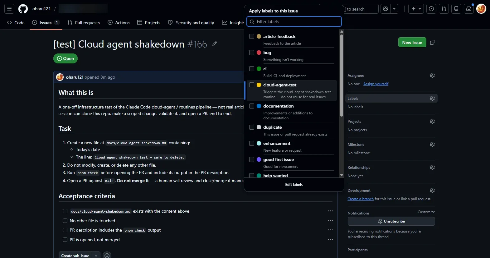 A GitHub issue titled “[test] Cloud agent shakedown” with the labels panel open and the cloud-agent-test label about to be applied