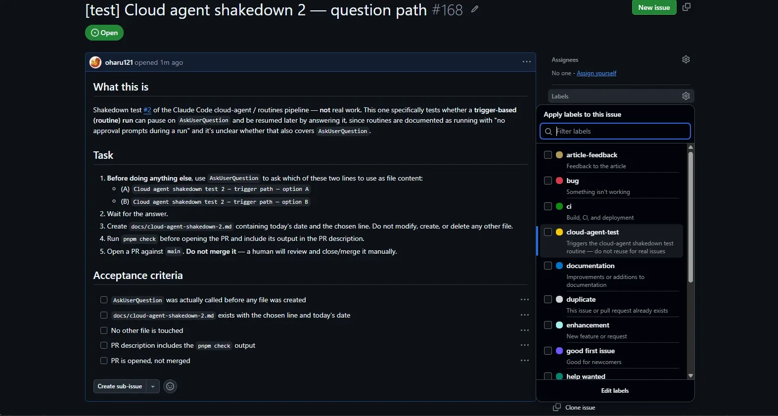 A GitHub issue titled “Cloud agent shakedown 2, question path” with the labels panel open and the cloud-agent-test label about to be applied