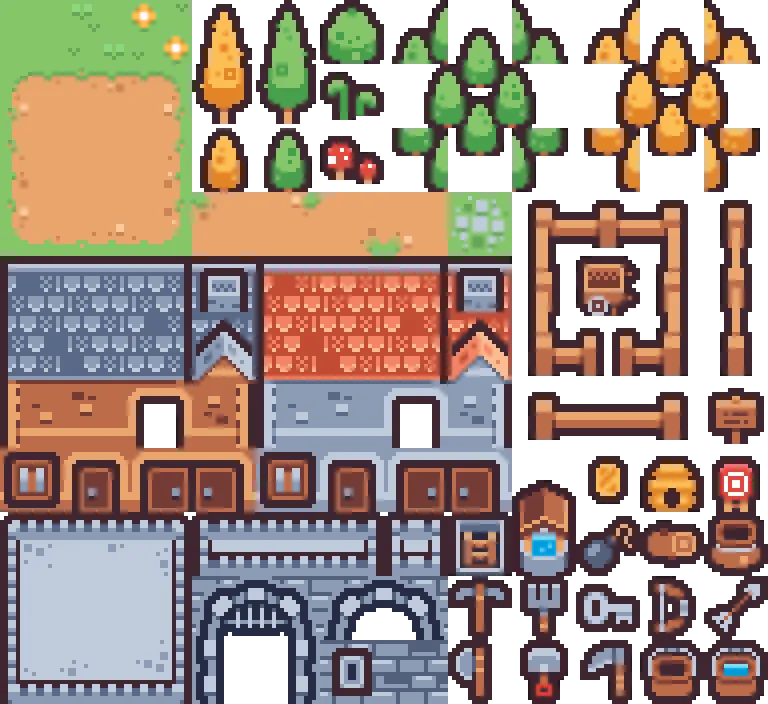 A pixel-art sprite sheet: 16×16 tiles of grass, trees, roofs, fences, doors and small items packed edge to edge in one image