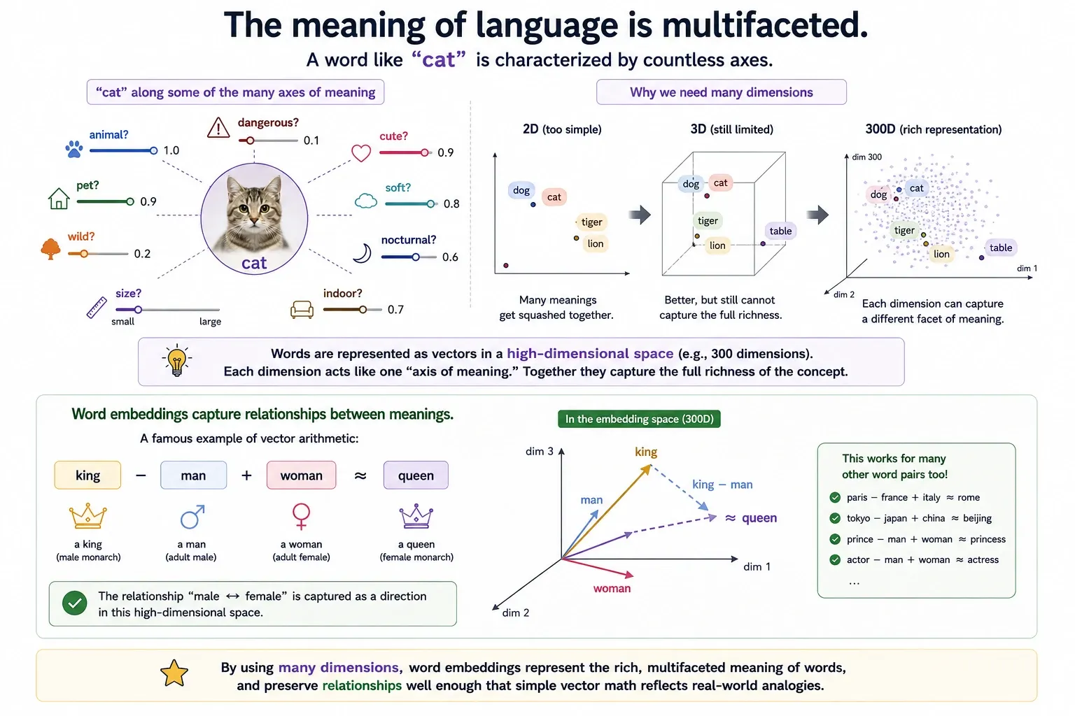 One word held along many axes of meaning at once: “cat” scored for animal, pet, wild, dangerous, cute, soft, nocturnal and indoor, the same idea then scaled from two dimensions to three to three hundred, and the vector arithmetic king − man + woman ≈ queen drawn in that space