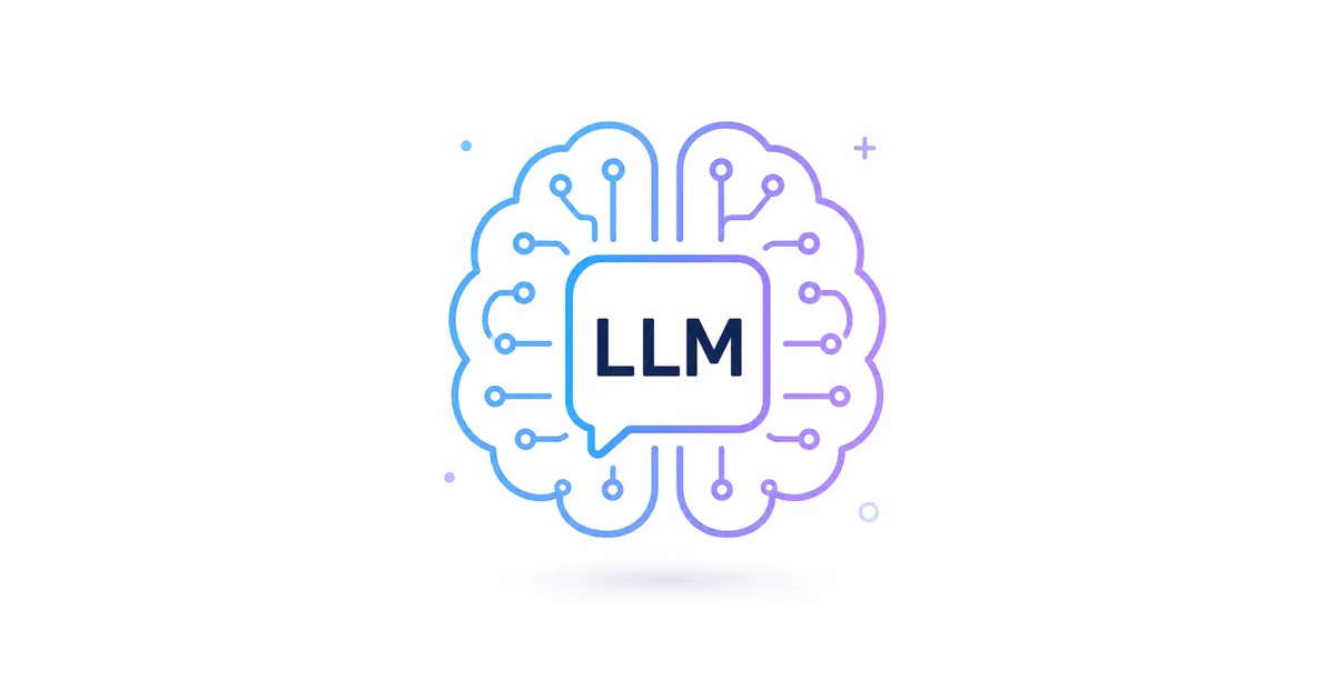 A brain drawn from blue-to-purple circuit-board lines with LLM in a speech bubble at its centre, on a white card