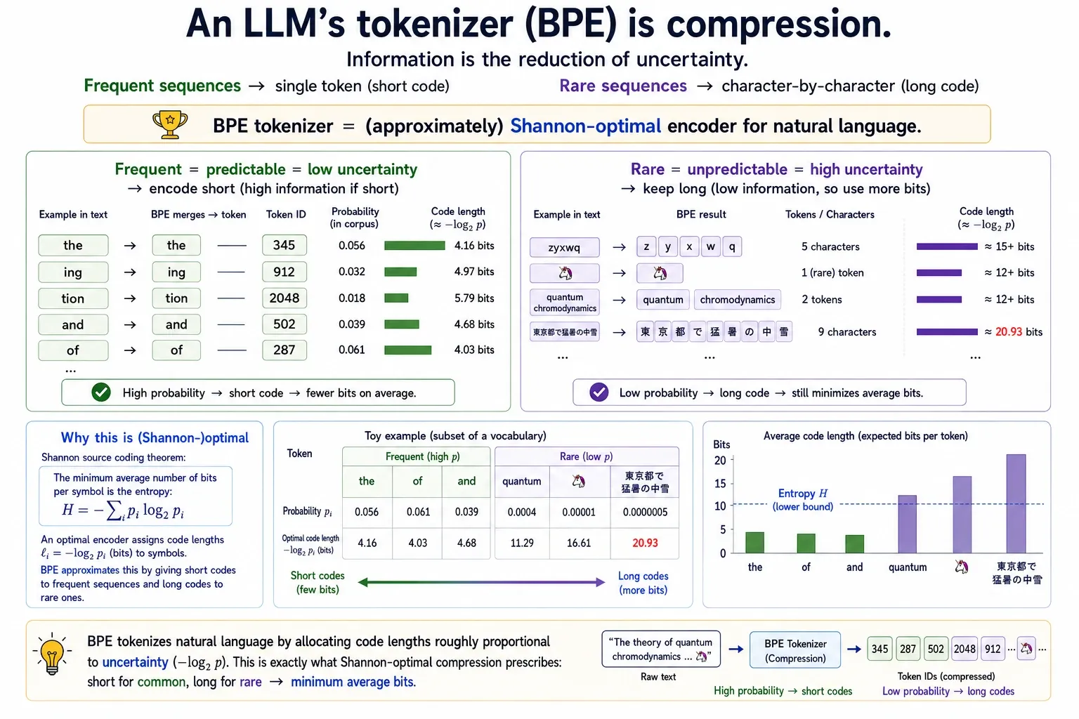 A BPE tokenizer as Shannon-optimal compression: frequent sequences such as “the”, “ing” and “tion” collapse to single tokens with short codes of about four to six bits, while rare sequences stay character by character and cost twenty bits or more, because an optimal encoder gives each symbol a code length of minus log two of its probability