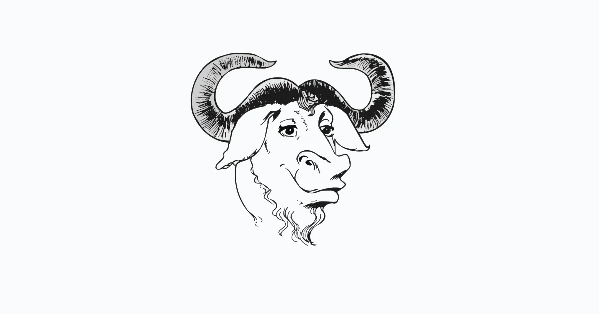 A black and white pen drawing of the GNU head, a gnu in three-quarter view facing right with two large curved horns shaded grey along their outer edges and a beard of wavy lines under the chin, centred on a near-white card