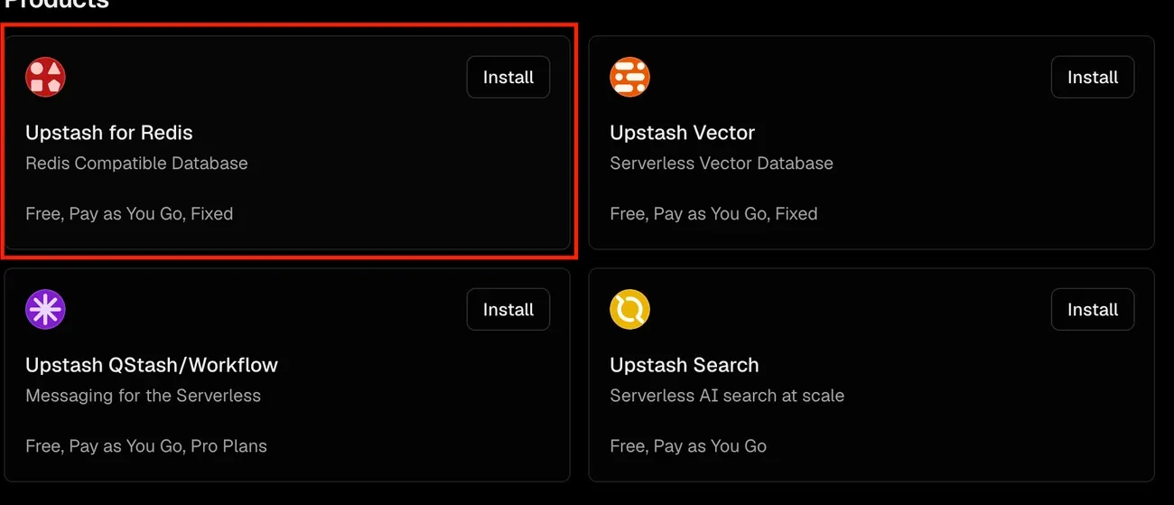 The Vercel Marketplace product grid for Upstash, with four cards: Upstash for Redis outlined in red, Upstash Vector, Upstash QStash slash Workflow, and Upstash Search. Each card carries an Install button and its pricing tiers.