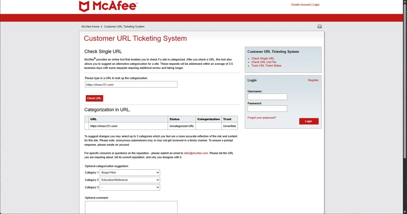 McAfee Customer URL Ticketing System showing oharu121.com as an Uncategorized URL with Unverified trust