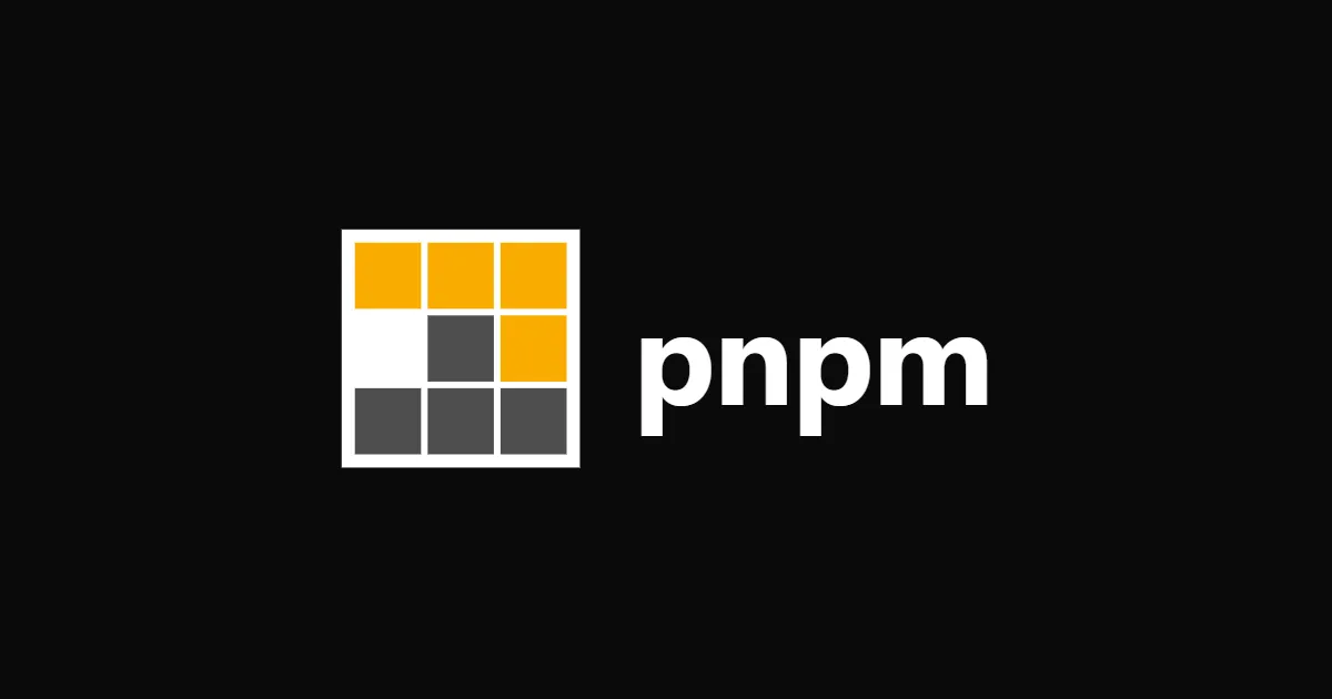 The pnpm logo, a white-framed square split into a 3x3 grid of orange and dark grey squares with one square left blank, beside the pnpm wordmark in white on a near-black card