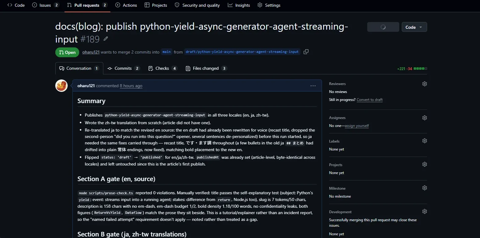 The Conversation tab of a merged GitHub pull request, showing the cloud routine’s own generated summary: publishing an article in three locales, writing a zh-TW translation from scratch, re-translating the Japanese to match a revised source, flipping status from draft to published, and the Section A review gate’s own pass/fail detail