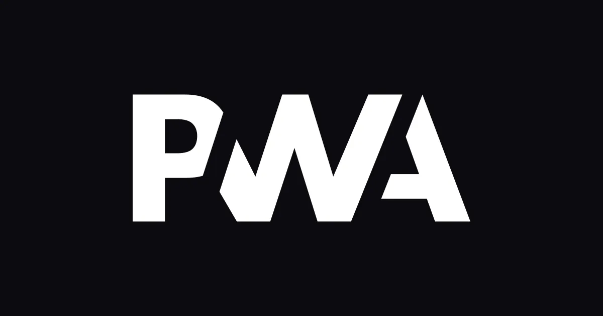 The PWA logo in white on a near-black card, its P, W and A cut as one connected angular wordmark with shared strokes