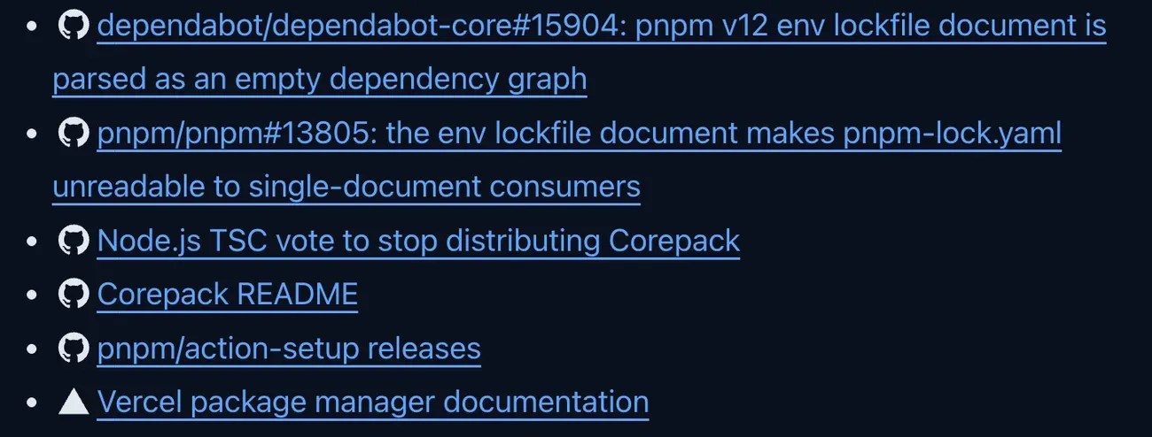 The same References list in dark mode: the GitHub octocat and the Vercel triangle are drawn in light grey beside light-blue links