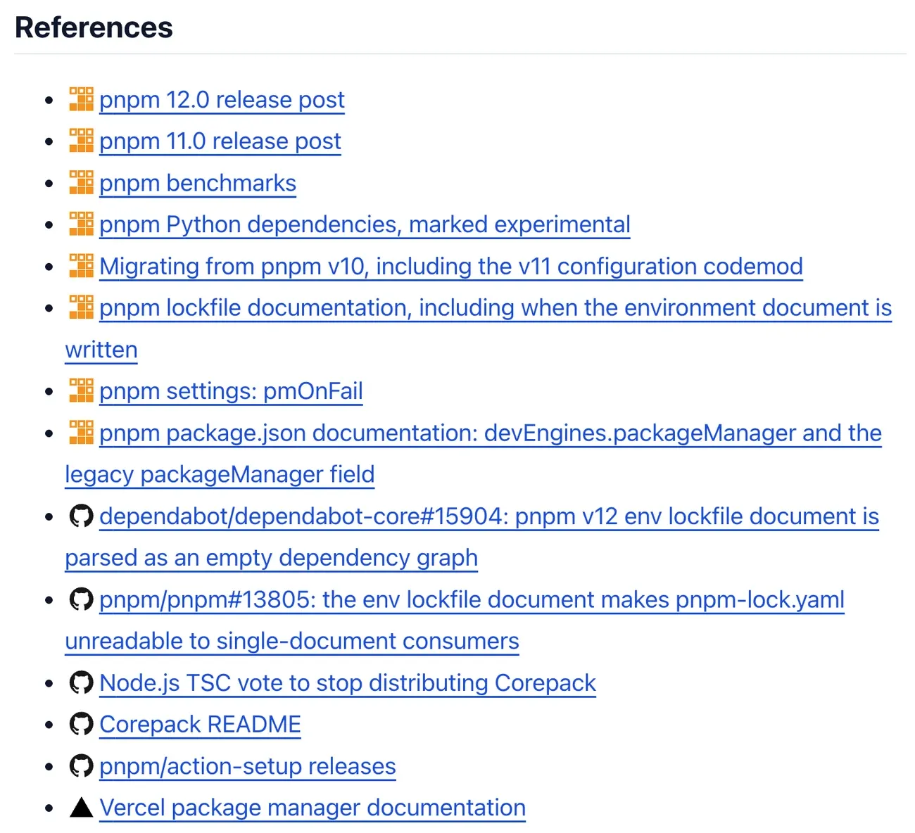 A References list where pnpm documentation links start with the orange pnpm mark, GitHub issue links with the GitHub octocat, and a Vercel link with the Vercel triangle