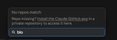 The Claude Code on the web repository picker showing “No repos match” after typing a partial repo name into the search box