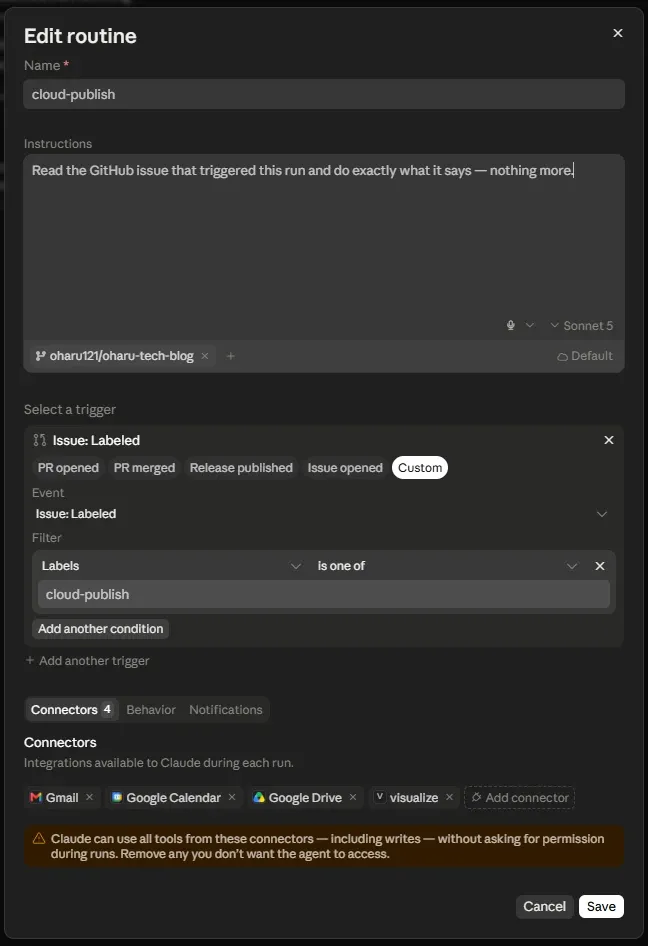The “Edit routine” screen for cloud-publish, showing Gmail, Google Calendar, Google Drive, and a “visualize” connector all attached, with a warning that Claude can use all tools from these connectors, including writes, without asking for permission during a run
