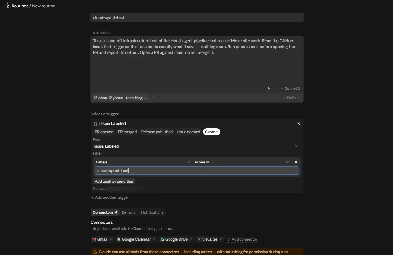The Claude Code routine creation form, showing an Instructions box reading “read the GitHub issue that triggered this run and do exactly what it says”, an Issue: Labeled trigger, and a filter for the label cloud-agent-test