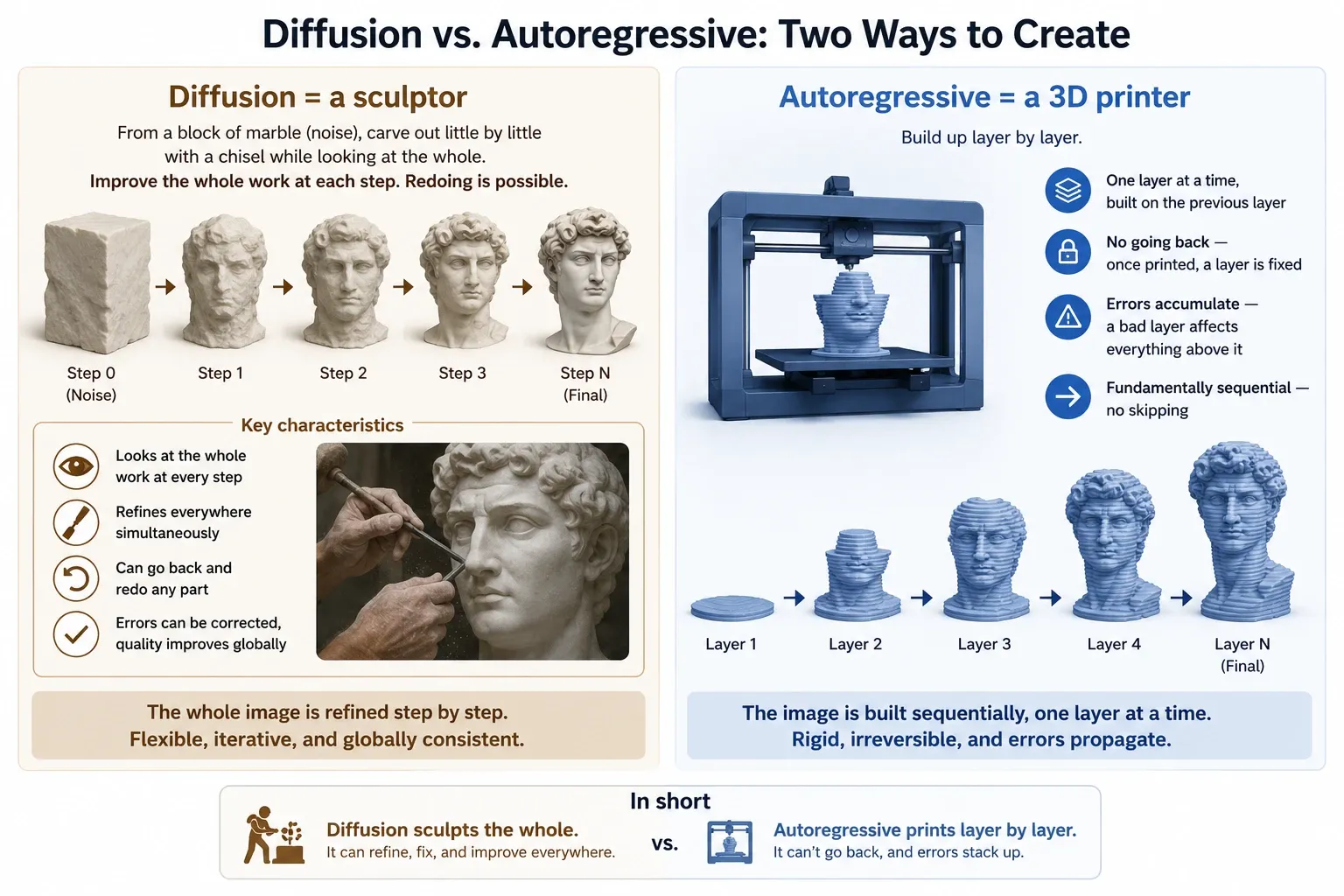 Illustration contrasting diffusion as a sculptor carving the whole and autoregressive as a 3D printer building irreversibly layer by layer