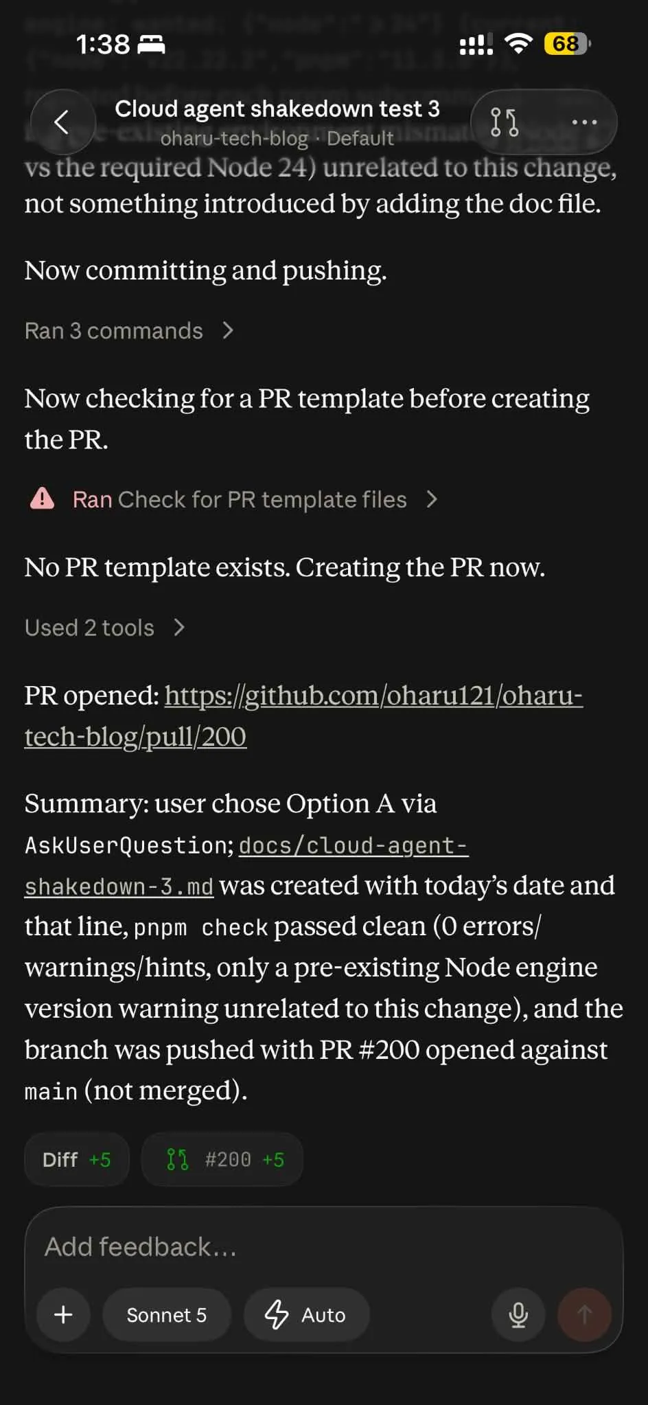 The same session twelve minutes later, having committed the chosen file, run pnpm check clean, and opened a pull request against main