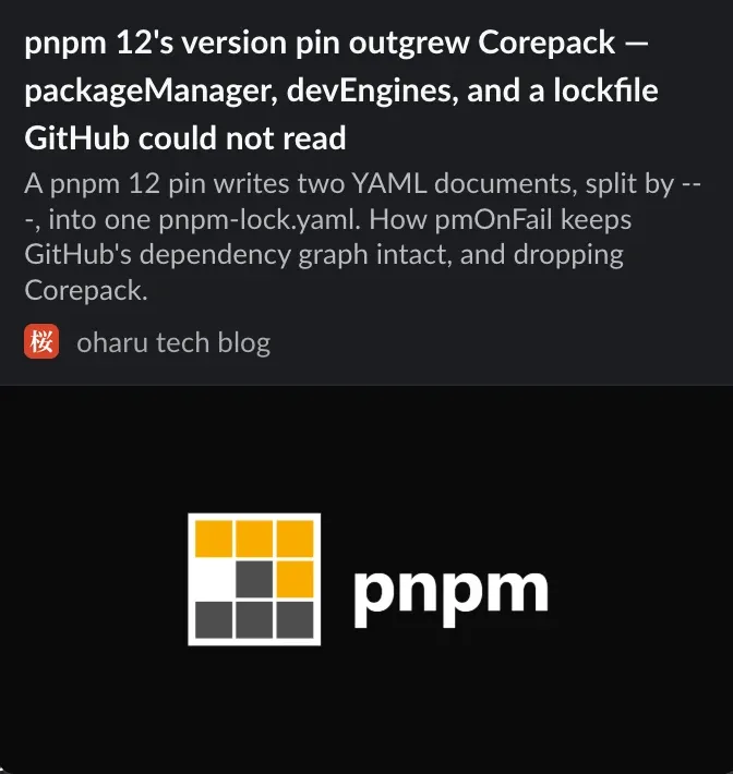 A Slack link preview for a pnpm 12 article: the title and description as text, then the shared pnpm logo cover as the image