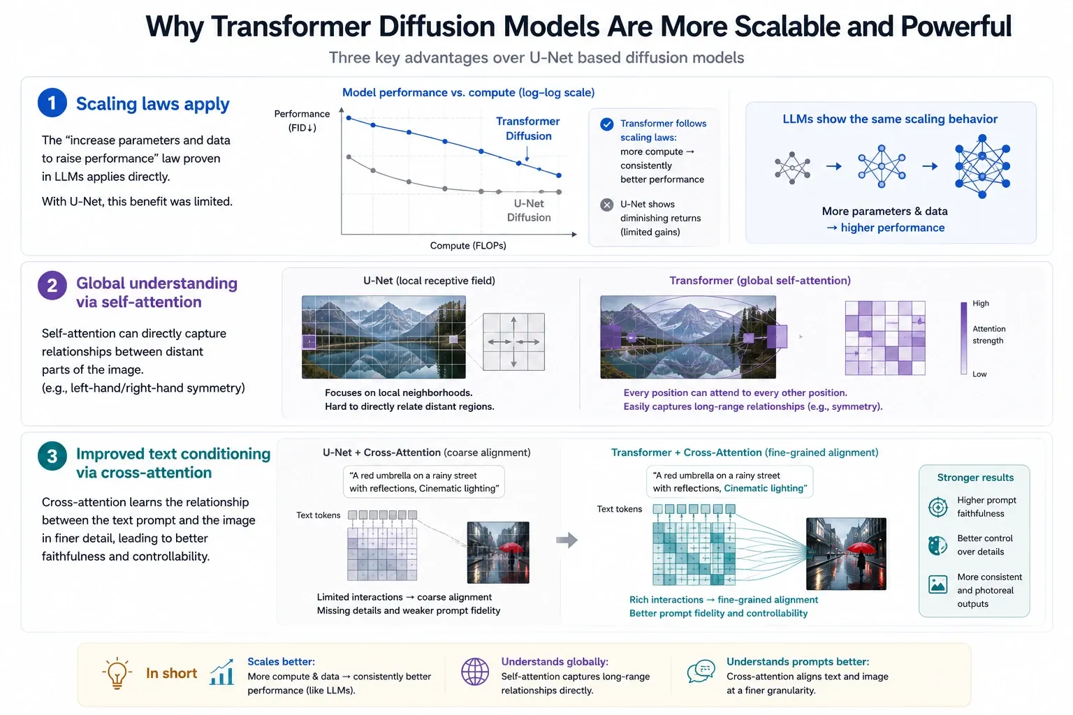 Three panels for the three advantages: a log-log plot where Transformer diffusion keeps improving with compute while U-Net flattens, an attention map linking distant parts of one image, and a prompt aligned to an image more finely by cross-attention