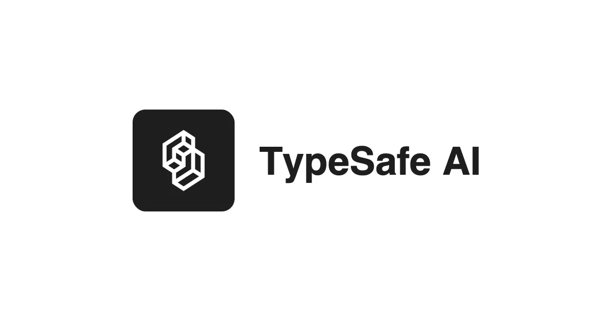 The TypeSafe AI logo, a white geometric outline of interlocking hexagonal blocks on a black rounded tile, beside the black TypeSafe AI wordmark on a white card