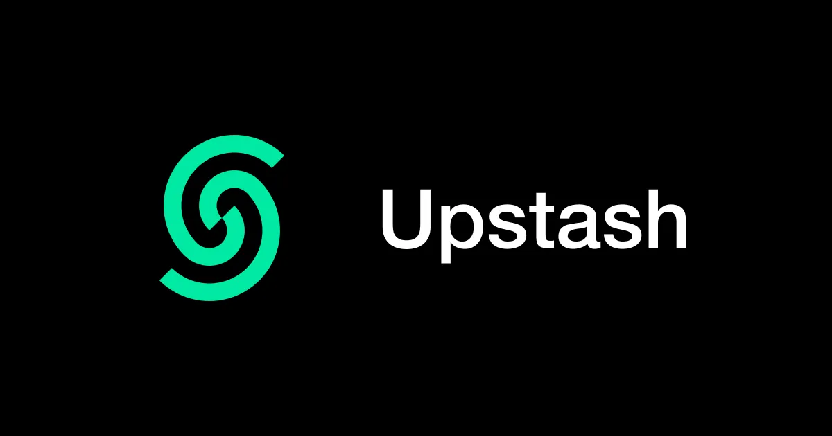 The Upstash interlocking spiral logo in green beside the Upstash wordmark in white on a black card