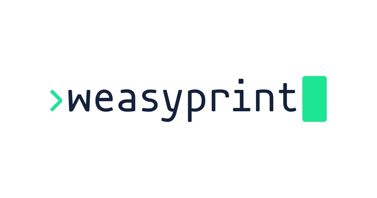 The WeasyPrint logo, the lowercase word weasyprint in dark navy between a green chevron and a green rounded rectangle, on a white card