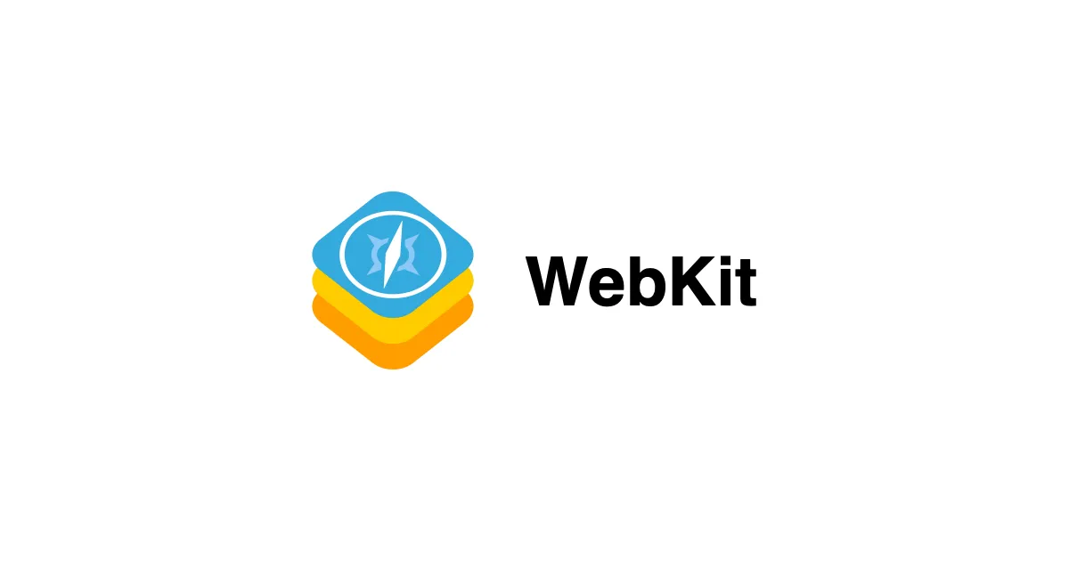 The WebKit logo, three stacked rounded squares in blue, yellow and orange with a white-outlined compass needle on the blue one, beside the black WebKit wordmark on a white card
