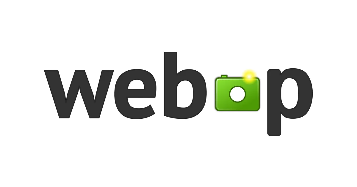 The lowercase webp wordmark in dark grey on white, with the letter o drawn as a green camera and a yellow flash