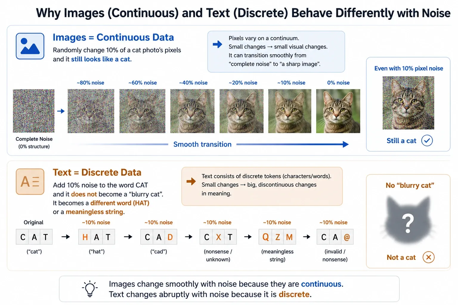 Two rows contrasting continuous and discrete data: a cat photo stays recognisable as noise is removed step by step, while the word CAT under the same amount of noise becomes HAT and then a meaningless string